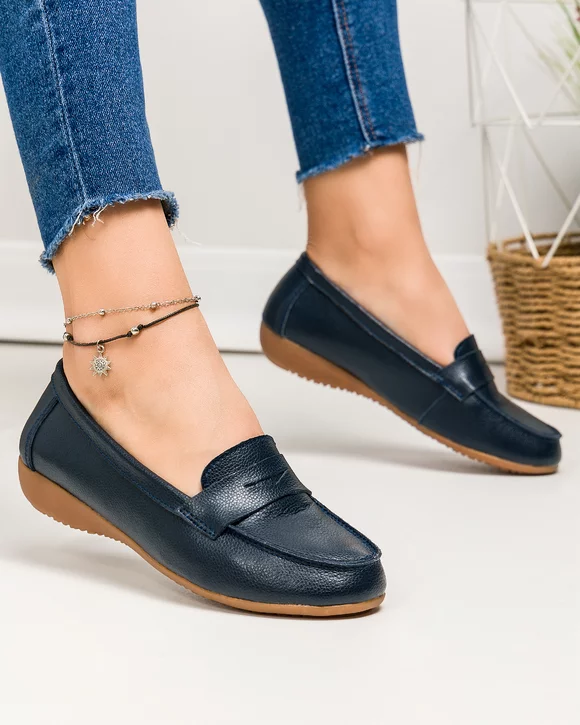 Mocasini dama piele naturala bleumarin cu talpa flexibila si inchidere slip-on F003-633