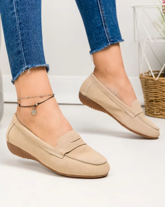 Mocasini dama piele naturala intoarsa bej cu talpa flexibila F003-634