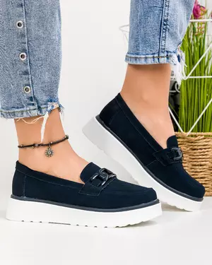 Mocasini dama piele naturala intoarsa bleumarin cu talpa alba si inchidere slip-on T-3071