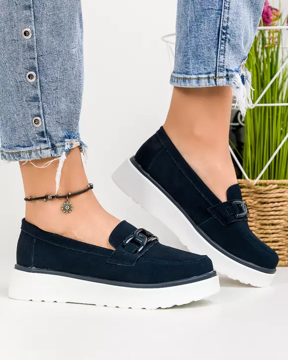 Mocasini dama piele naturala intoarsa bleumarin cu talpa alba si inchidere slip-on T-3071