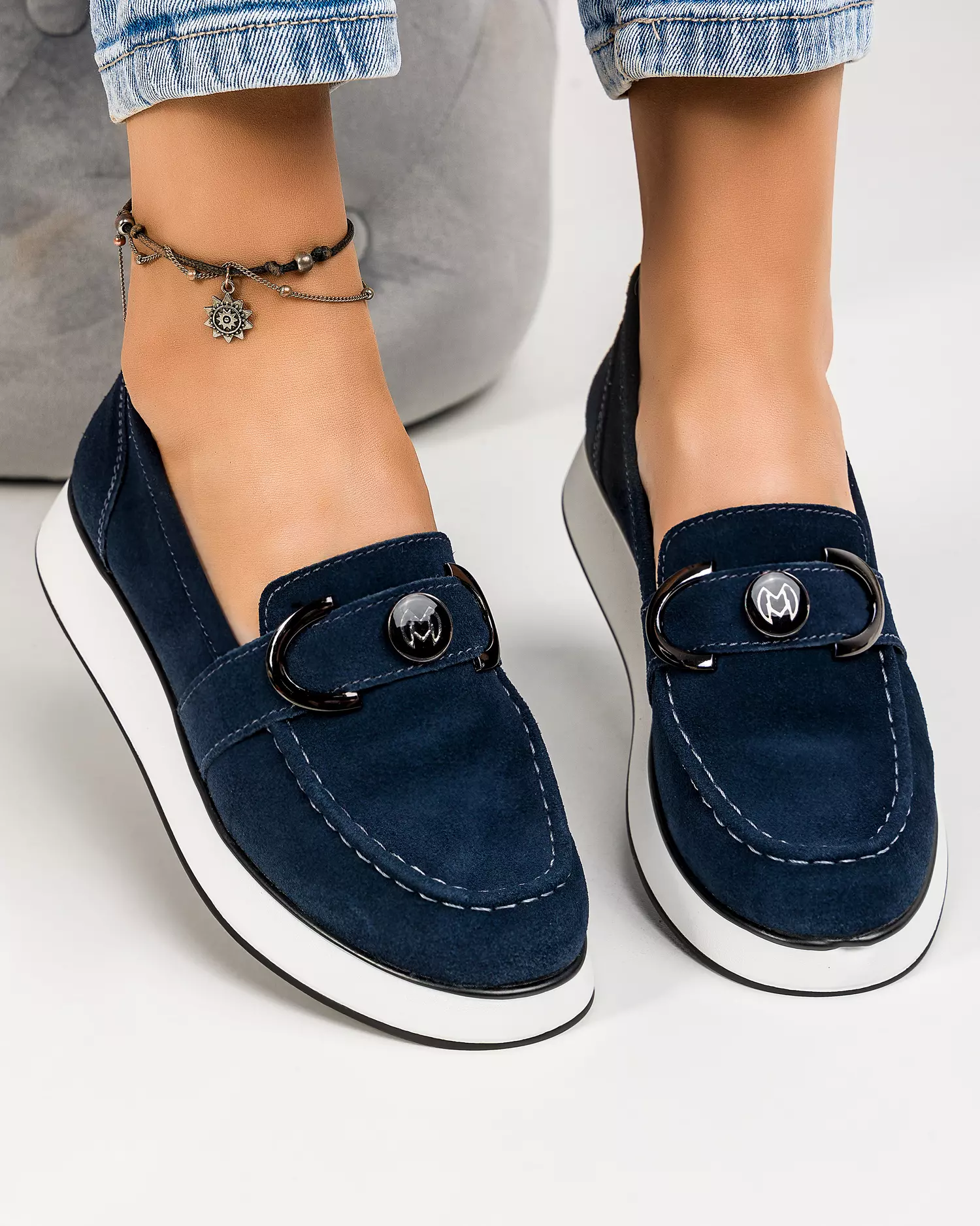 Mocasini dama piele naturala intoarsa bleumarin JY3555