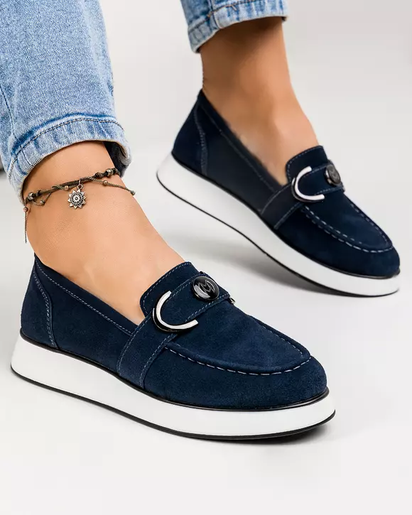 Mocasini dama piele naturala intoarsa bleumarin JY3555