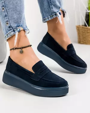 Mocasini dama piele naturala intoarsa bleumarin T-3065