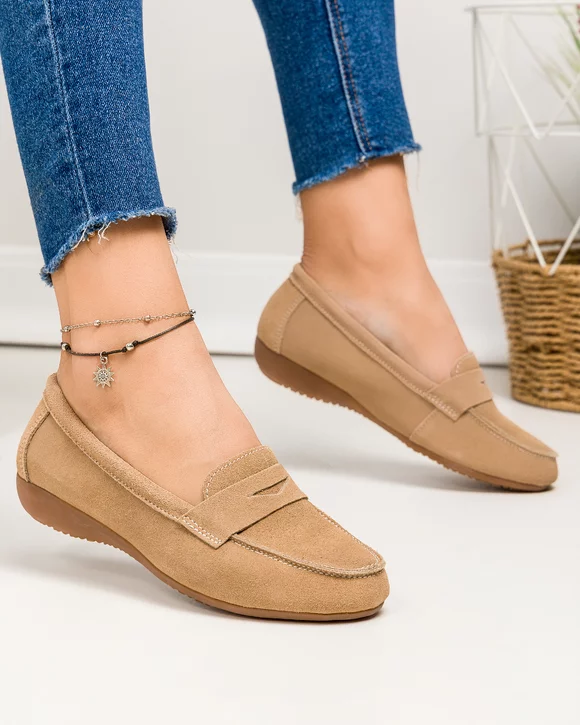 Mocasini dama piele naturala intoarsa camel cu talpa flexibila F003-634