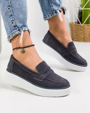 Mocasini dama piele naturala intoarsa gri cu talpa groasa si inchidere slip-on T-3065
