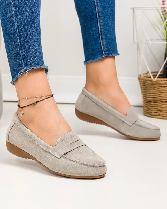 Mocasini dama piele naturala intoarsa gri deschis cu inchidere slip-on F003-634