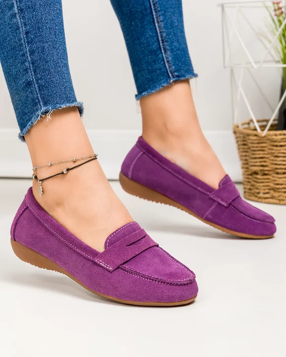 Mocasini dama piele naturala intoarsa mov cu talpa flexibila F003-634