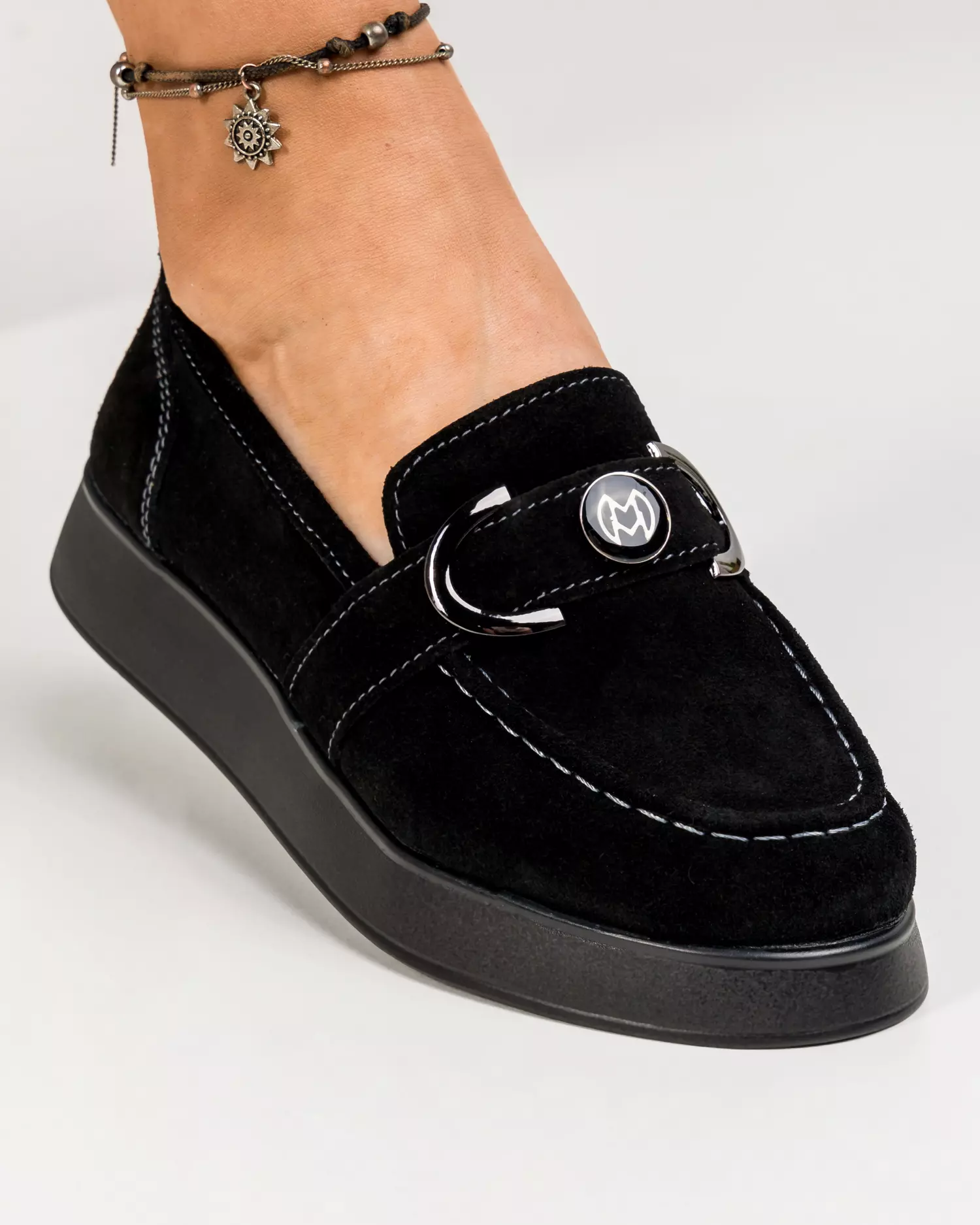 Mocasini dama piele naturala intoarsa negri cu accesoriu JY3555