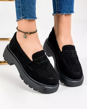 Mocasini dama piele naturala intoarsa negri cu accesoriu si talpa groasa T-3203