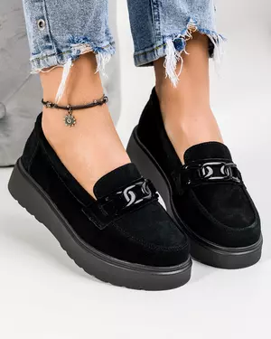 Mocasini dama piele naturala intoarsa negri cu inchidere slip-on si accesoriu T-3071