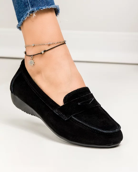 Mocasini dama piele naturala intoarsa negri cu talpa flexibila F003-634