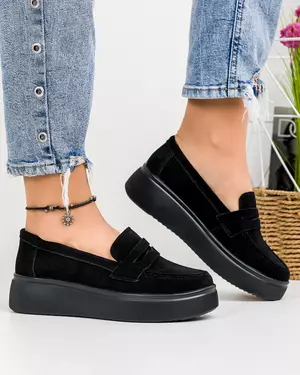 Mocasini dama piele naturala intoarsa negri cu talpa groasa T-3065