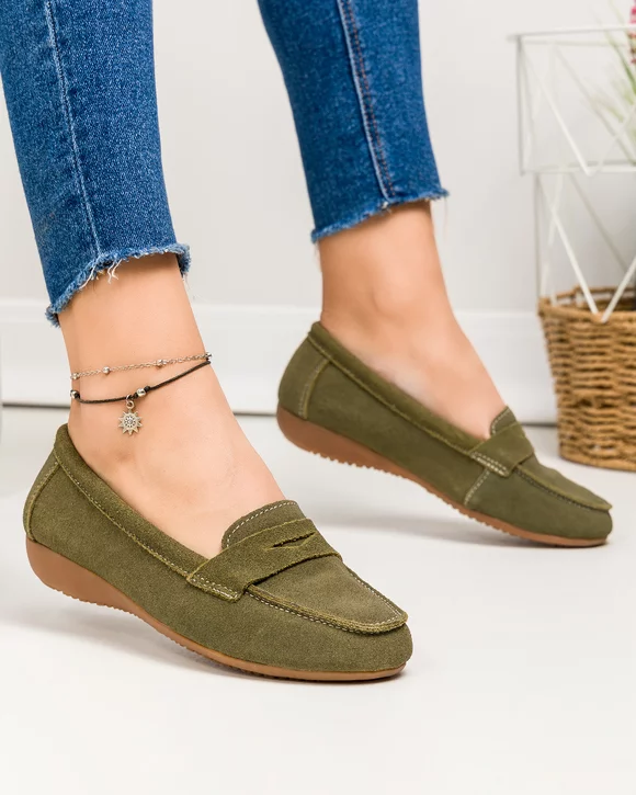 Mocasini dama piele naturala intoarsa olive cu talpa flexibila F003-634