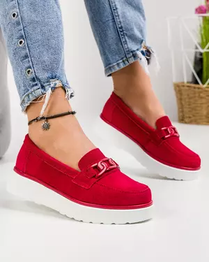 Mocasini dama piele naturala intoarsa rosii cu talpa alba inchidere slip-on si accesoriu T-3071