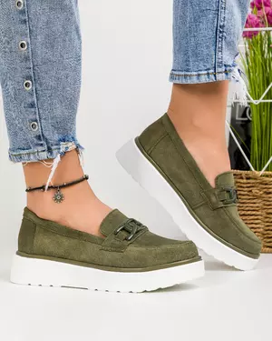 Mocasini dama piele naturala intoarsa verde inchis cu inchidere slip-on si talpa alba T-3071