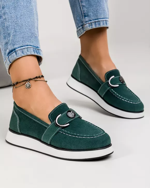 Mocasini dama piele naturala intoarsa verde inchis cu talpa alba JY3555