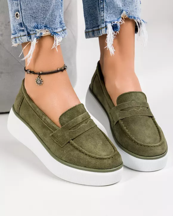Mocasini dama piele naturala intoarsa verzi cu inchidere slip-on T-3065