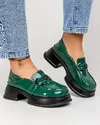 Pantofi casual piele naturala lucioasa verde inchis cu accesoriu metalic si inchidere slip-on JY3112 3