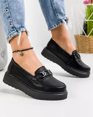 Mocasini dama piele naturala negri cu accesoriu si inchidere slip-on T-3071