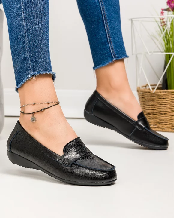 Mocasini dama piele naturala negri cu inchidere slip-on si talpa flexibila F003-633