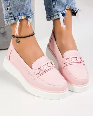 Mocasini dama piele naturala roz cu talpa alba si accesoriu T-3071
