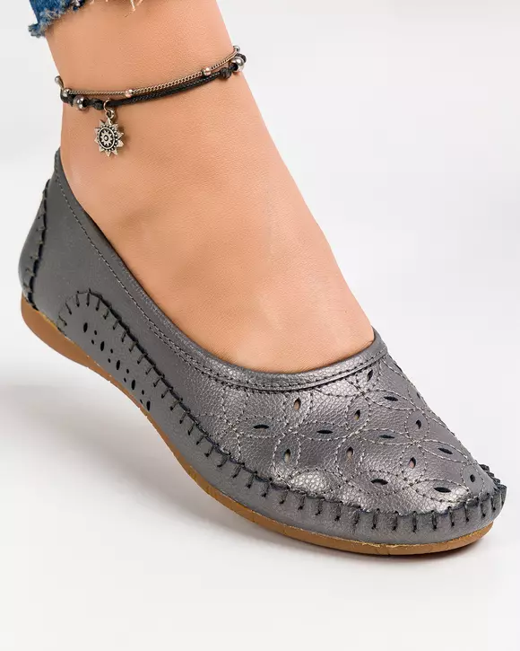 Mocasini Piele Naturala Cu Model Perforat Pewter VK1024-9