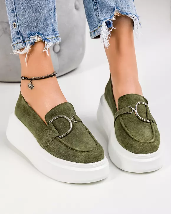 Mocasini piele naturala intoarsa verzi cu talpa groasa SD-306