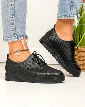 Pantofi Casual Dama Perforati Cu Siret Negri Piele Naturala XH-3200