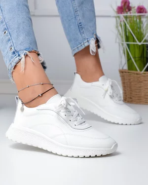 Pantofi Casual - Pantofi casual dama piele natuala albi cu inchidere sireturi si cusaturi decorative F001-977