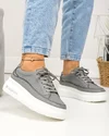 Pantofi casual dama piele natuala gri inchis cu talpa alba si inchidere sireturi F001-771 1