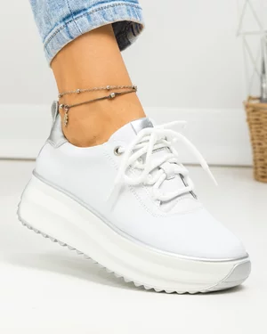 Pantofi casual dama piele naturala alb cu argintiu si varf rotund F002-290