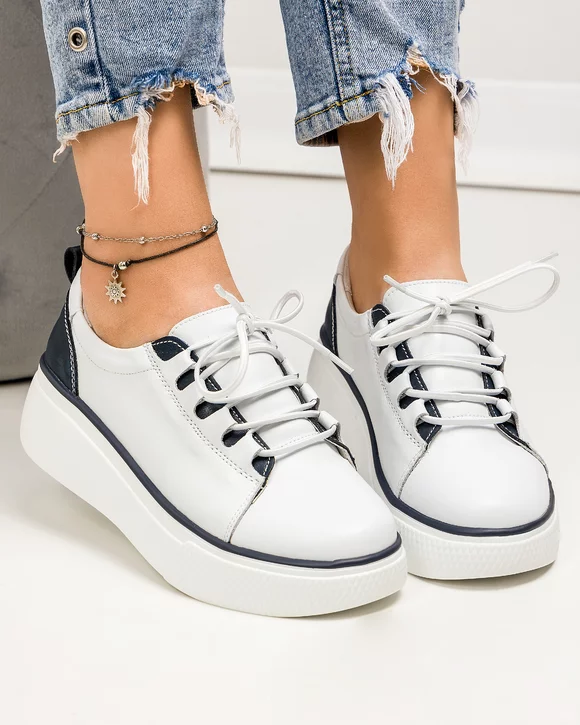 Pantofi casual dama piele naturala alb cu bleumarin si inchidere siret elastic T-5941