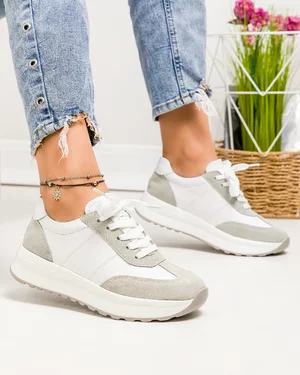 Pantofi casual dama piele naturala alb cu gri partial piele intoarsa JY5290