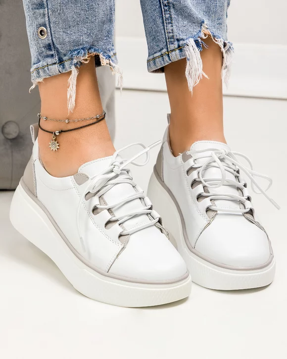 Pantofi casual dama piele naturala alb cu gri si talpa groasa T-5941
