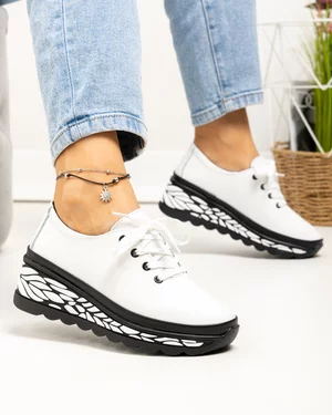 Pantofi casual dama piele naturala alb cu negru si inchidere sireturi JY5096