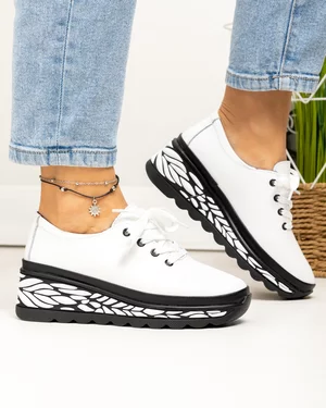 Pantofi casual dama piele naturala alb cu negru si inchidere sireturi JY5096