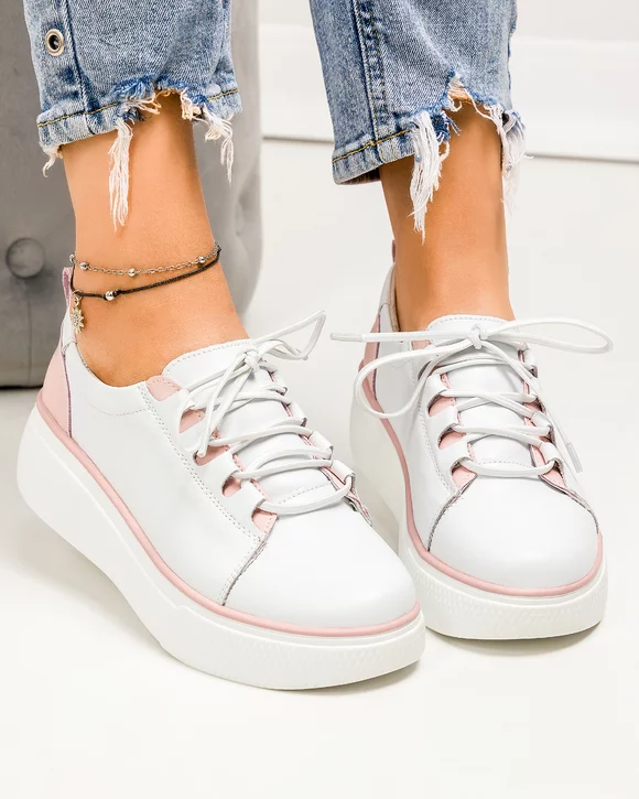 Pantofi casual dama piele naturala alb cu roz si inchidere siret elastic T-5941