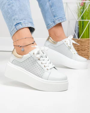 Pantofi casual dama piele naturala alb murdar cu auriu si inchidere sireturi T6042
