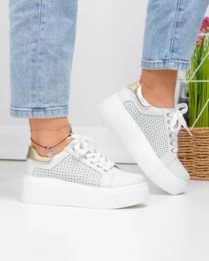 Pantofi casual dama piele naturala alb murdar cu auriu si inchidere sireturi T6042