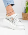 Pantofi casual dama piele naturala alb murdar cu model perforat si accesoriu metalic T6043 4