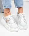 Pantofi casual dama piele naturala alb murdar cu model perforat si accesoriu metalic T6043 2