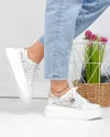 Pantofi casual dama piele naturala alb murdar cu model perforat si accesoriu metalic T6043 3