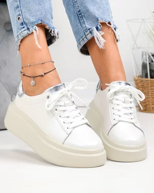Pantofi casual dama piele naturala alb perlat cu inchidere sireturi F002-426B
