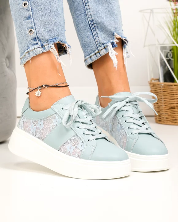 Pantofi casual dama piele naturala albastri cu inchidere sireturi si panza in laterale F001-848