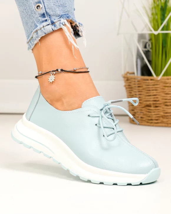 Pantofi casual dama piele naturala albastri cu inchidere sireturi T-5931