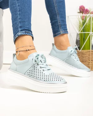 Pantofi casual dama piele naturala albastri perforati cu inchidere sireturi T-5911