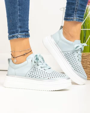 Pantofi casual dama piele naturala albastri perforati cu inchidere sireturi T-5911