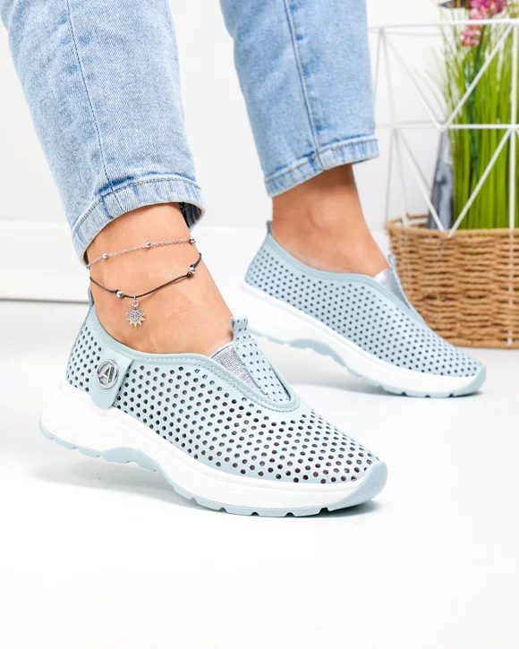 Pantofi casual dama piele naturala albastri perforati cu insertie elastica frontala T6041
