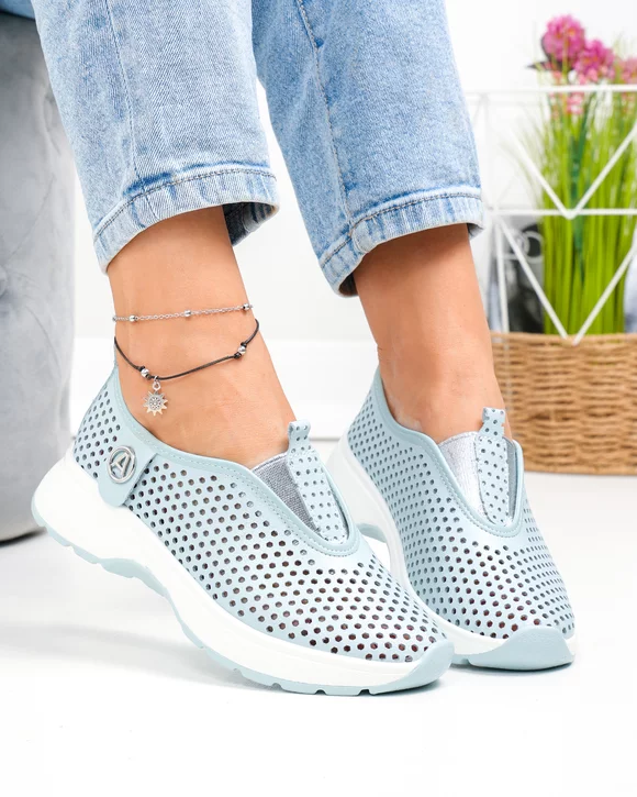Pantofi casual dama piele naturala albastri perforati cu insertie elastica frontala T6041