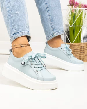 Pantofi casual dama piele naturala albastru deschis cu inchidere sireturi T-5807